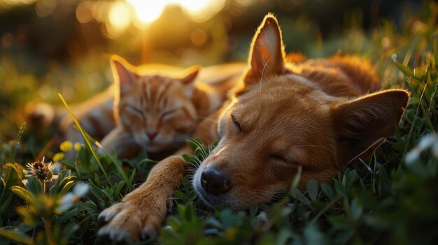 Hund und Katze liegen im Gras