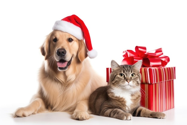 Hund und Katze mit Weihnachtsgeschenken