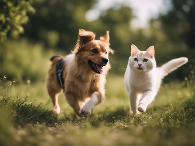 Hund und Katze rennen im Gras