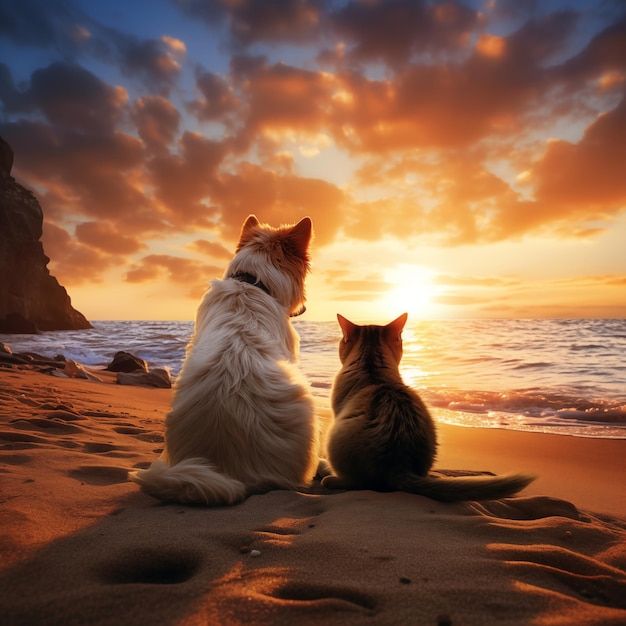 Hund und Katze sitzen bei Sonnenuntergang am Strand