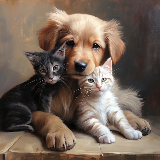Hund und Katze umarmen sich im süßen realistischen Stil
