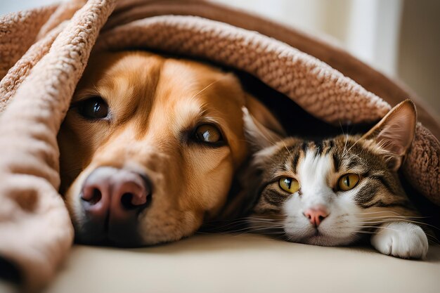 Hund und Katze unter Stoff