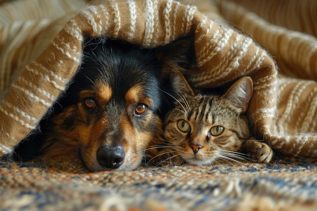 Foto hund und katze zusammen hund umarmt eine katze unter dem teppich zu hause freundschaft von haustieren