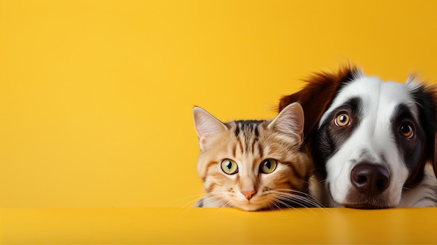 Hund und Katze zusammen niedliche Haustiere isoliertes Banner mit Kopierraum