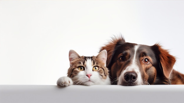 Hund und Katze zusammen niedliche Haustiere isoliertes Banner mit Kopierraum