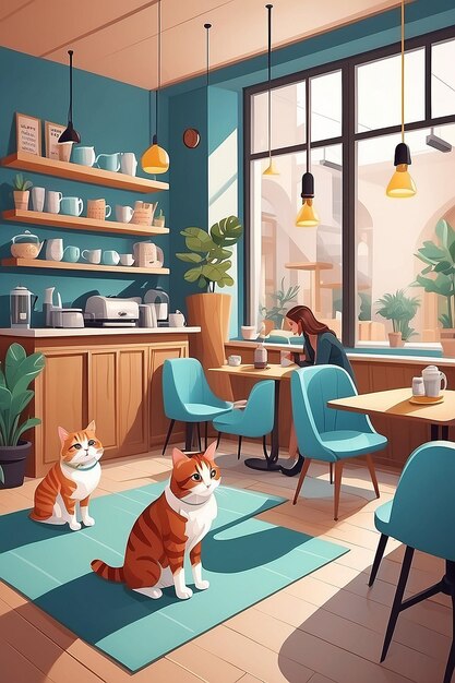 Hund- und Katzenfreundliches Café-Interieur mit Möbeln und Ausrüstung Cartoon-Frauen mit Haustieren