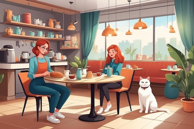 Hund- und Katzenfreundliches Café-Interieur mit Möbeln und Ausrüstung Cartoon-Frauen mit Haustieren