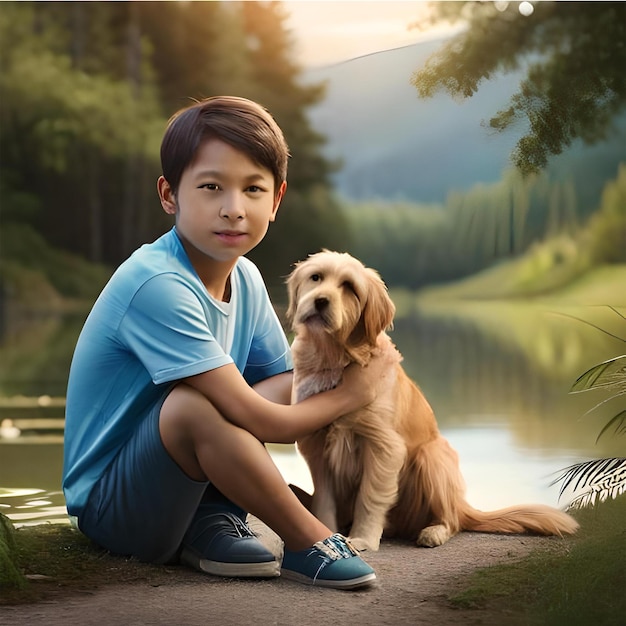 Hund und kleiner Junge in der Nähe des Flusses