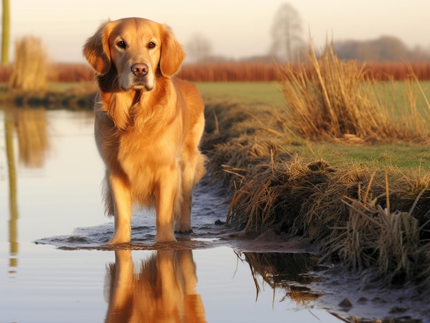 Foto hund und sein spiegelbild in einem ruhigen teich