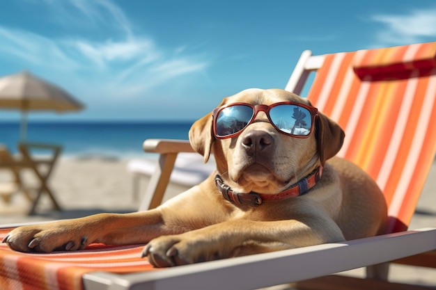 Hund Welpe mit Sonnenbrille, der auf einem Sonnenbett liegt, um sich im Sommerferien am Strand zu sonnen.