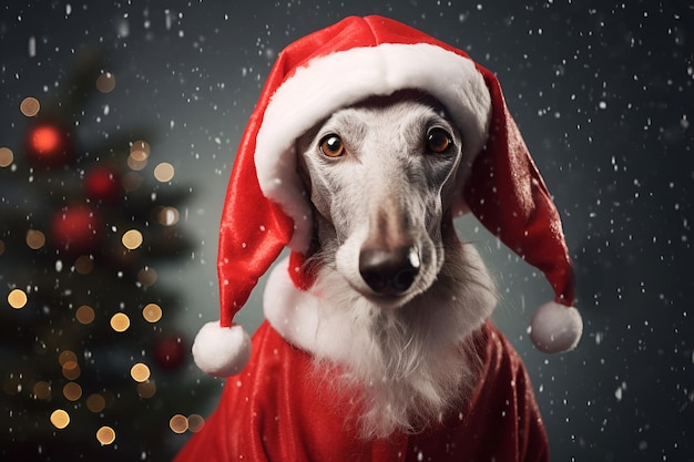 Hund Whippet Hund in rotem Festanzug neben Weihnachtsbaum Grußkarte Feiertage schneebedeckter Hintergrund
