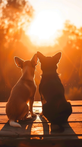 Hunde beobachten die Gesellschaftsszene beim Sonnenuntergang