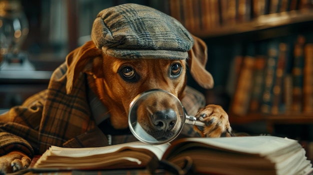 Hunde-Detektiv in Kostüm, der Hinweise mit Glas untersucht