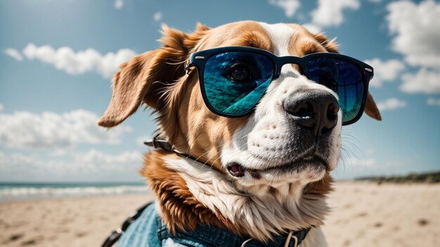 Foto hunde genießen einen sonnigen tag am strand, tragen sonnenbrillen und machen selfies mit den funkelnden