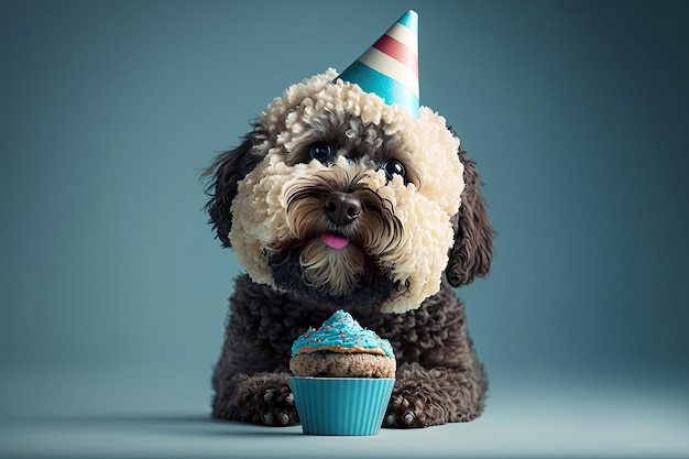 Hunde in Geburtstagskappen sitzen auf der Party Illustration AI Generative