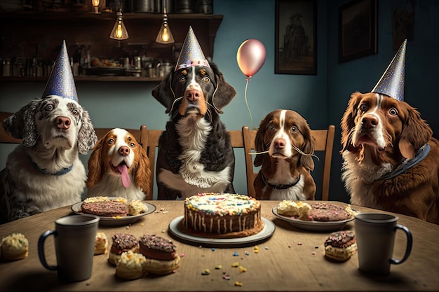 Hunde in Geburtstagskappen sitzen auf der Party Illustration AI Generative