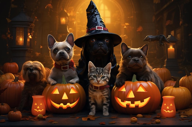 Hunde in skurrilen Halloween-Kostümen, erstellt mit generativer KI
