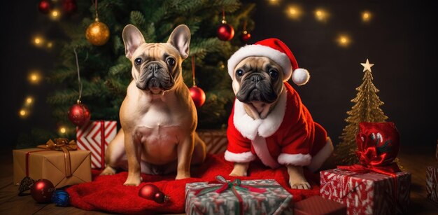 Hunde in Weihnachtskostümen Zwei französische Bulldoggen unter dem Baum, geschaffen mit generativer KI-Technologie