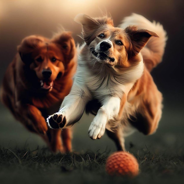 Hunde spielen schöne Welpen, Sport spielen mit Ball