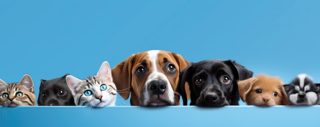 Hunde und Katzen blicken über die klare, solide blaue Oberschicht Petshop-Banner glückliches Lächeln lustig Generative KI-Bild Weber