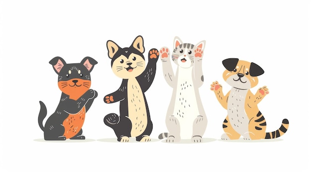 Hunde und Katzen geben Highfive mit Pfoten Glückliche Haustiere Freunde sagen Hallo mit Applaus Gesten Moderne Illustration auf weißem Hintergrund