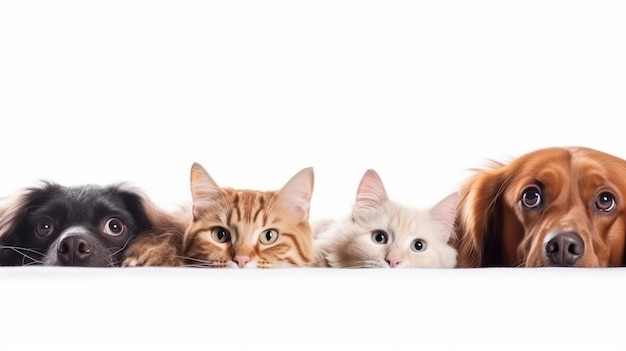 Hunde und Katzen spähen über Webbanner, isolierter weißer Hintergrund Al generiert