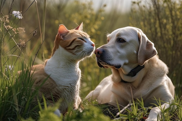 Hunde und Katzen vertragen sich gut, wenn sie sich im Gras umarmen