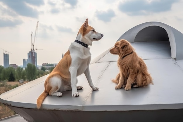 Hunde- und Katzenarchitekten sitzen auf einem futuristischen Dach und bewundern die Aussicht, die mit generativer KI geschaffen wurde