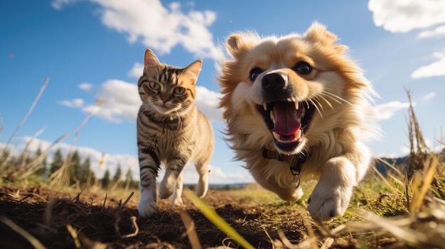 Hunde- und Katzenfreunde spielen draußen auf einer Wiese im Gras spazieren, freundliche Atmosphäre, Familie, Liebe, Frieden, Sommer, sonniger Tag, tolle Stimmung, freudig, glücklich und lächelnd