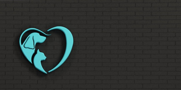 Hunde- und Katzenherz-Symbol-Logo-Wanddesign, 3D-Render-Illustration