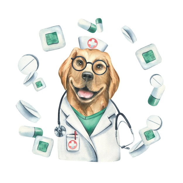 Hundearzt mit Brille und Stethoskop in medizinischer Uniform mit Heftpflastern und Pillen. Aquarell-Illustration, handgezeichnet, isolierte Komposition auf weißem Hintergrund für Kliniken, Krankenhäuser