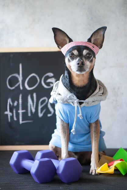 Hundefitness Fitness und gesunder Lebensstil für Haustiere Hundetrainer Porträt im Studio umgeben