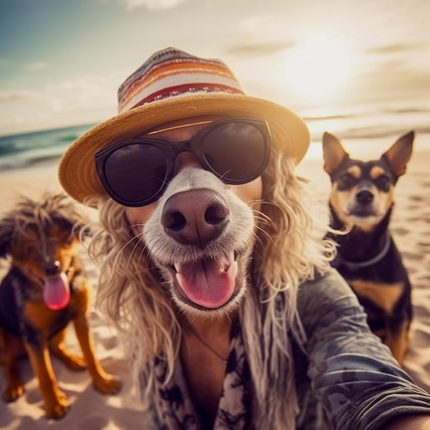 Foto hundefreunde machen ein selfie während eines strandausflugs. ki-generiert