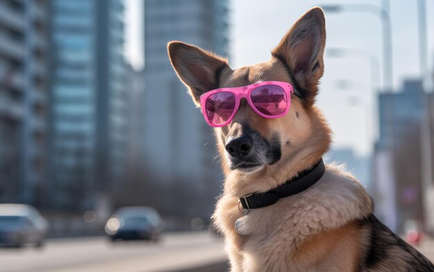 Hundehaustier mit Sonnenbrille geht durch die Straßen der Stadt generative ai