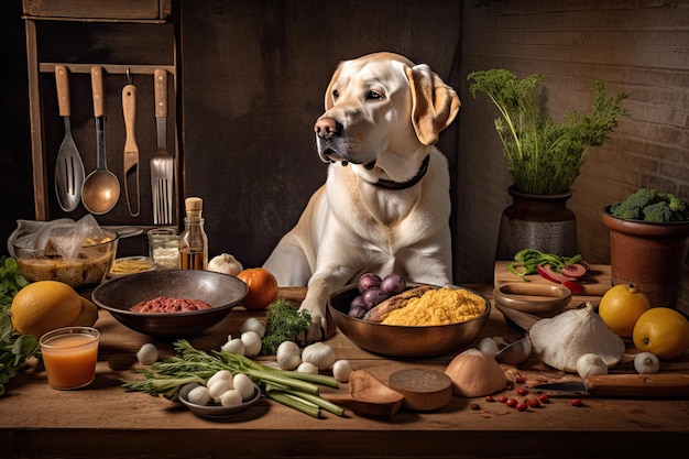 Hundekoch bereitet mit Zutaten und Werkzeugen eine gesunde und nahrhafte Mahlzeit für seinen pelzigen Freund zu