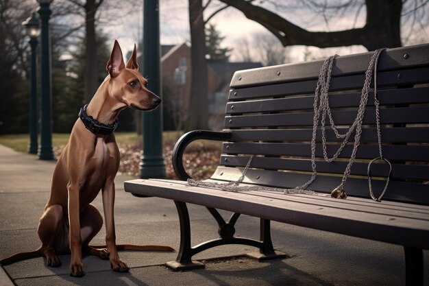 Foto hundeleine und halsband hängen an der parkbank