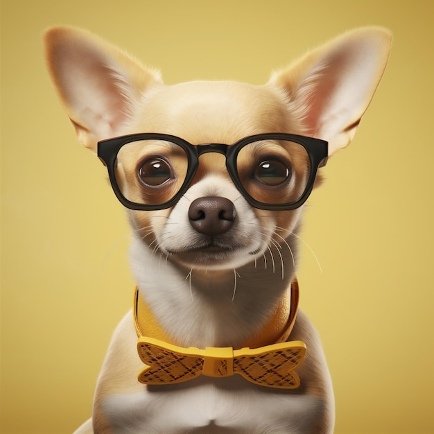 Hundeporträt, gelber Haustierhintergrund, intelligenter Welpe, Chihuahua, süße Brille, generative KI