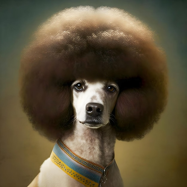 Hundeporträt im Stil der 70er Jahre mit riesigem Afro