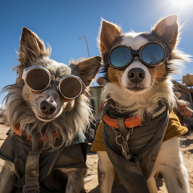 Hundeporträt mit Sonnenbrille. Lustige Tiere in einer Gruppe, die gemeinsam in die Kamera schauen, bekleidet und gemeinsam Spaß haben und ein Selfie machen. Ein ungewöhnlicher Moment voller Spaß und Modebewusstsein