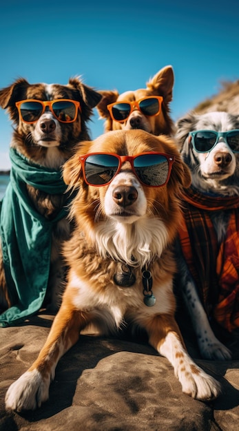 Hundeporträt mit Sonnenbrille. Lustige Tiere in einer Gruppe, die gemeinsam in die Kamera schauen, bekleidet und gemeinsam Spaß haben und ein Selfie machen. Ein ungewöhnlicher Moment voller Spaß und Modebewusstsein