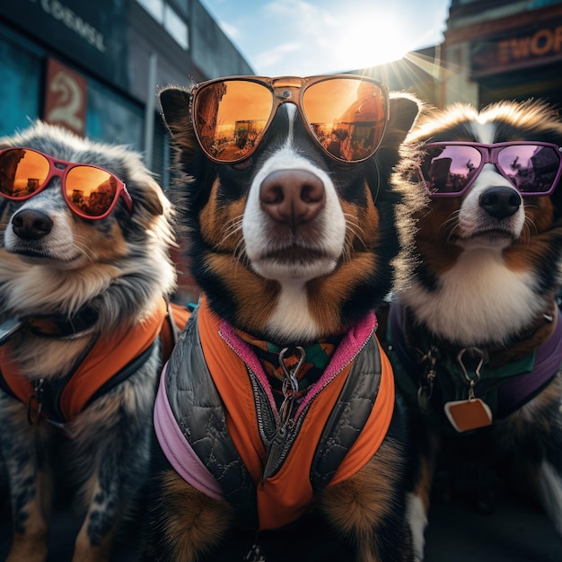 Hundeporträt mit Sonnenbrille. Lustige Tiere in einer Gruppe, die gemeinsam in die Kamera schauen und bekleidet Spaß haben, gemeinsam ein Selfie machen. Ein ungewöhnlicher Moment voller Spaß und Modebewusstsein