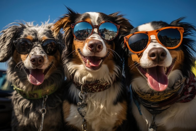 Hundeporträt mit Sonnenbrille. Lustige Tiere in einer Gruppe, die gemeinsam in die Kamera schauen und bekleidet Spaß haben, gemeinsam ein Selfie machen. Ein ungewöhnlicher Moment voller Spaß und Modebewusstsein