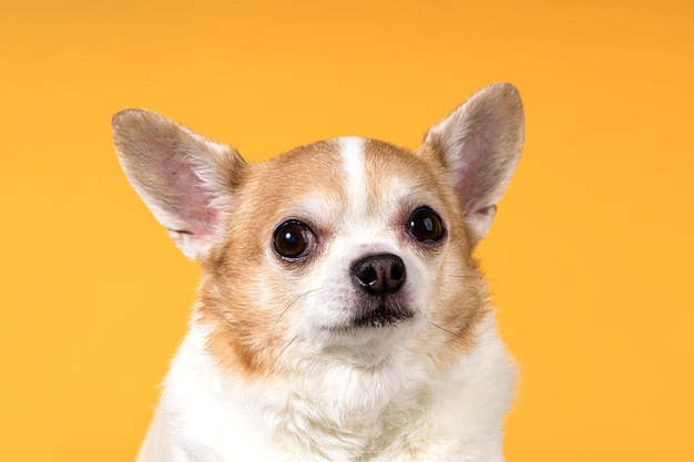 Hunderasse Chihuahua Nahaufnahme auf gelbem Hintergrund