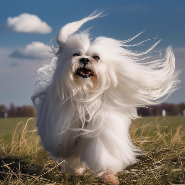 Hunderasse Malteser läuft über das Feld lange weiße Wolle flattert im Wind süßer Hund
