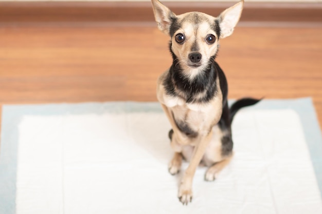 Hundetoilette kleiner Welpe auf saugfähiger Windelunterlage