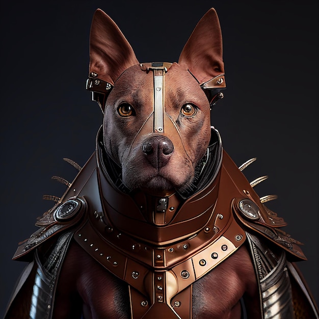 Hundewelpe im Cyberpunk futuristischen Robotikmetall alten rustikalen Rüstungs-Outfits