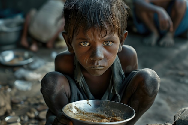 Foto hunger, armut, das große globale soziale, stille problem der menschheit, kinder und erwachsene aus schmutzigen slums.