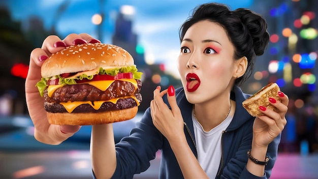 Hungrige asiatische Frau leckt rot lackierte Lippen, schaut sich leckere Hamburger an, sucht sich leckeren Snack aus, macht eine Pause bei der Diät