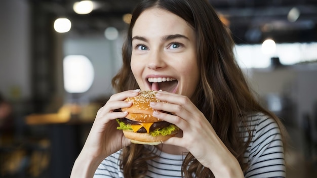 Hungrige junge Frau isst einen leckeren Burger