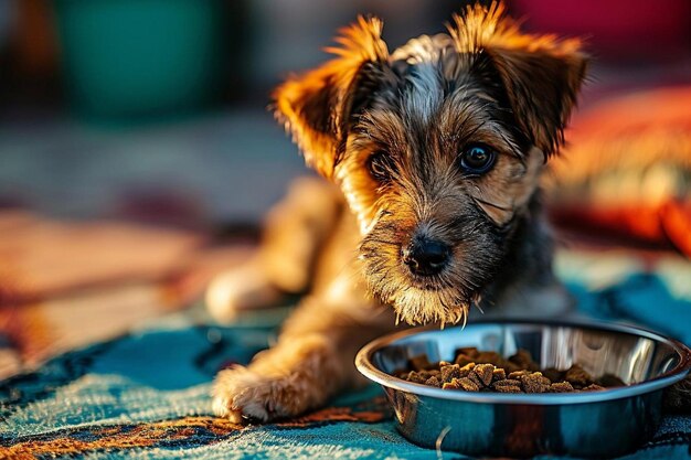 Hungriger Hund blickt in die Kamera in der Nähe des Futternapfes mit Trockenfutter für Haustiere